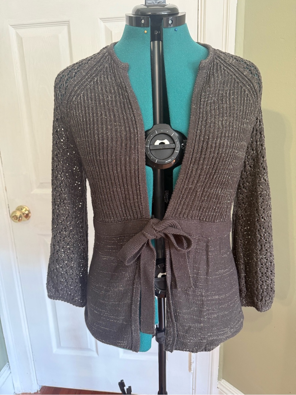 Tahari Dark Gray Metallic Open Tie-Waist Knit Cardigan